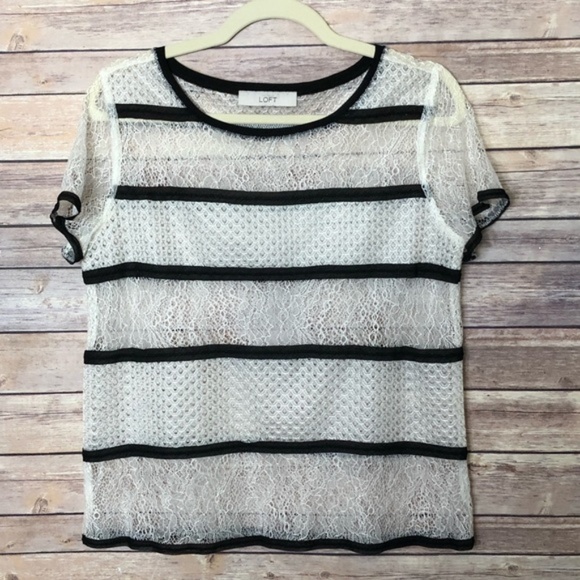 Ann Taylor LOFT Sheer Mixed Pattern Lace Short Sleeve Blouse EUC sz M - Picture 2 of 9